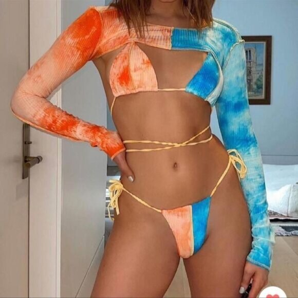 Fashion Nova Hidden Hills Blue Orange Ribbed String Bikini Women's Size Small S - Picture 3 of 6
